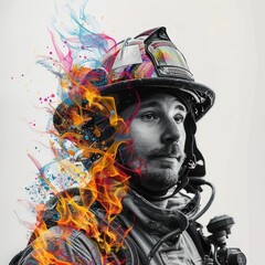 Poster - Firefighter portrait with colorful flames