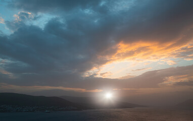 Poster - Sea and the sunset over the islands. Vacation in Mediterranean sea - resort town of Bodrum, Beautiful Sunset over the sea and mountains