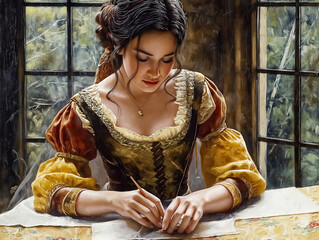 Wall Mural - A woman is writing a letter at a table. She is wearing a dress and has a necklace on