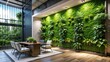 © DigitalArt Max - Lush greenery flourishes on a modern, sleek vertical garden wall, bringing a touch of natural serenity to a contemporary indoor living or working space.