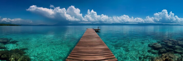 Wall Mural - Panoramic Photo of Empty Dock in Crystal Clear Turquoise Water