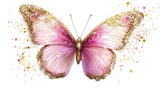 A stunning, pink and gold butterfly with glitter accents spreads its wings against a clean white background, creating an enchanting and whimsical visual effect.