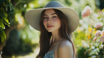 A serene portrait of a young woman wearing a stylish hat, surrounded by lush greenery and blooming flowers.