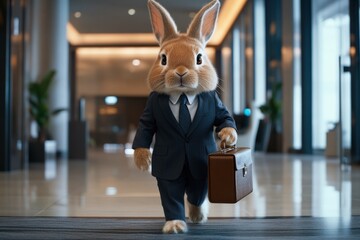 A well-dressed rabbit walks briskly in a stylish office space, carrying a briefcase and showcasing a professional demeanor