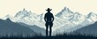 © Cheetose - Serene Cowboy Silhouette against Mountain Landscape - Minimalist Vector Art with Space for Text.