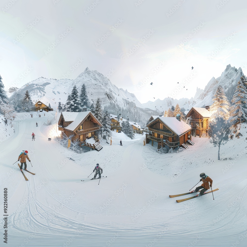 Winter Wonderland Panoramic View with Skiers, Cozy Cabins, and HDRI ...