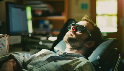 A man is sitting in a chair with his eyes closed and sunglasses on