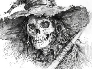 Witch Drawing. Art of Witch Skull with Smiley Face Hand Pencil Halloween Day