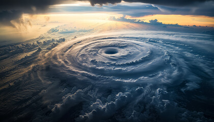 Wall Mural - A swirling storm in the sky with a bright orange sun in the background