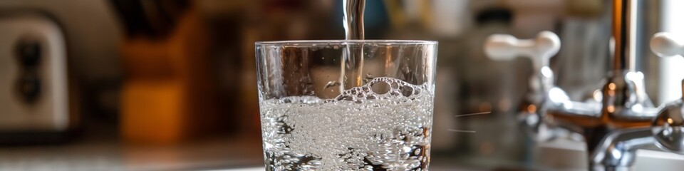 Wall Mural - Purified water being poured into a glass, with bubbles and a clear, refreshing flow.