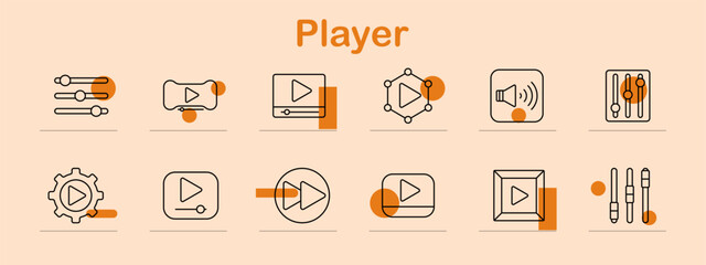 Player set icon Audio controls, play button, playlist, speaker, settings, media player, equalizer, volume, sound, interface, music, video, streaming, playback, sound control, multimedia, entertainment