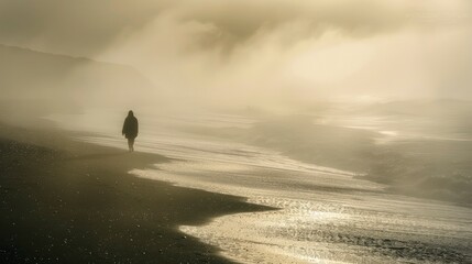 A solitary figure walks along a foggy beach at dawn, the mist rolling in from the sea and the waves gently crashing on the shore, evoking a sense of solitude and serenity.