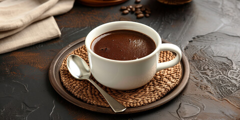 Cup of dark brown mushroom coffee on coaster with spoon and napkin