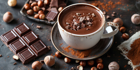 Poster - Cup of hazelnut hot chocolate with hazelnut pieces and a chocolate bar for garnish