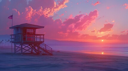 An empty lifeguard tower on a deserted beach at sunset, the sky ablaze with colors and the waves gently lapping at the shore, evokes a sense of solitude and tranquility.