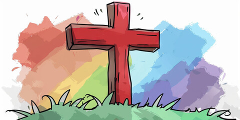 Cross of Jesus Christ on a colorful watercolor background. Illustration