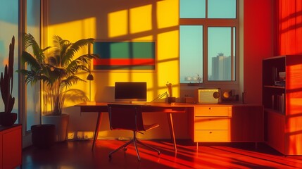 Wall Mural - Brightly lit modern workspace with shadow patterns and vibrant colors during sunset