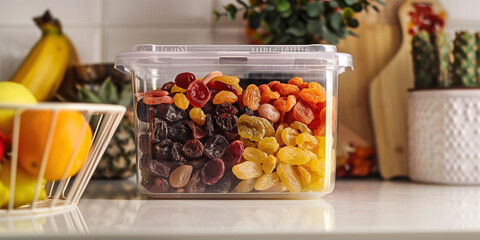 Poster - Assorted dried fruits in a clear container on a white countertop