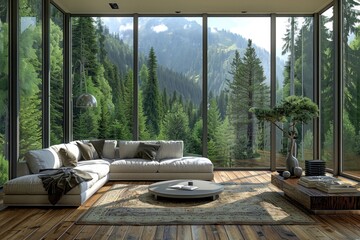 Sticker - Modern living room with mountain view