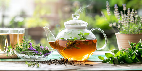 Freshly brewed herbal tea in a clear glass teapot with herbs beside it