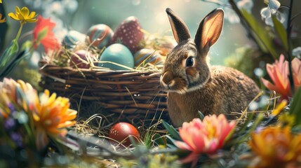 A festive Easter scene featuring a rabbit and an egg nestled in lush grass, celebrating the joy of the holiday