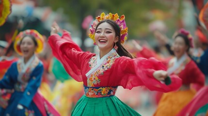 Wall Mural - A group of dancers wearing vibrant traditional costumes celebrates with lively movements and smiles.