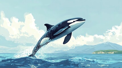 Canvas Print - Killer whale jumping out of the water on a sunny day, Big orca whale jumping out of the sea