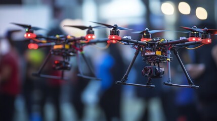 Poster - Drones equipped with cameras hover above a crowd at a technology exhibit, showcasing modern aerial capabilities.