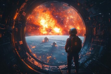 Wall Mural - awestruck astronaut gazing through massive space station window mysterious alien structure visible in distance stars and nebulae filling vast expanse futuristic interior details