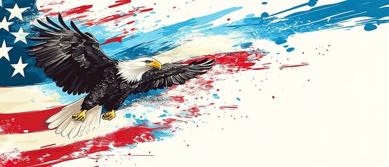 Sticker - American bald eagle on flowing american flag with stars and stripes for patriotic banner. 