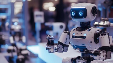 Fototapete - A small robot with blue lights engages with attendees at a technology expo showcasing advancements in robotics.