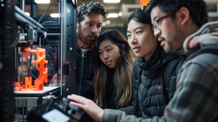 Wall Mural - Engineers and designers huddled around a 3D printer, discussing the prototype being printed, showcasing collaboration in a high-tech environment