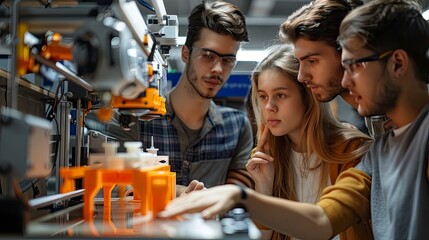 Wall Mural - Engineers and designers huddled around a 3D printer, discussing the prototype being printed, showcasing collaboration in a high-tech environment