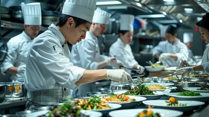 Wall Mural - A team of chefs working together in a busy kitchen, preparing dishes and coordinating tasks, illustrating culinary collaboration