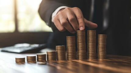 Businessman stacking coins for success and growth