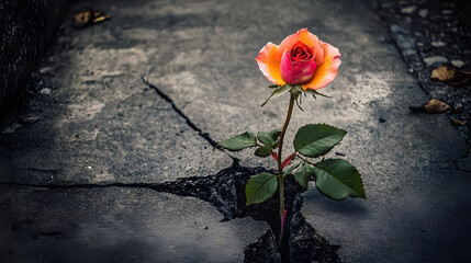 Poster -  a rose blooming from crack in a grey concrete pavement