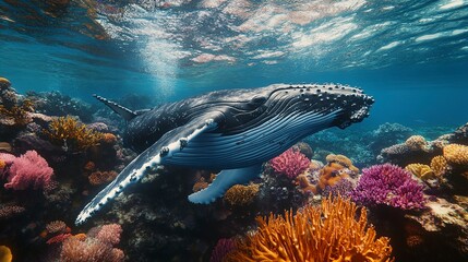 Wall Mural - Close-up of a majestic humpback whale swimming gracefully underwater in a vibrant coral reef. 