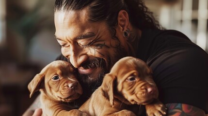 Wall Mural - Man Holding Two Puppies