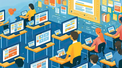 Wall Mural - Educators designing interactive online courses, with digital devices and educational materials, emphasizing collaborative innovation in teaching