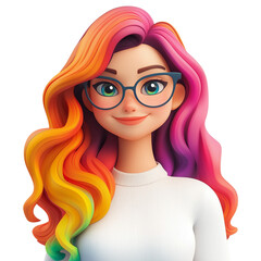 Cartoon character young woman with vibrant hair, smiling confidently, in 3D style design, isolated on a transparent background