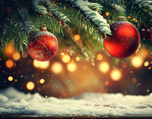 Wall Mural - christmas tree with baubles and blurred shiny lights