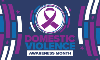 Domestic Violence Awareness Month in October. Celebrate annual in United States. Awareness purple ribbon. Day of Unity. Prevention campaign. Stop women abuse. Poster, banner and background. Vector