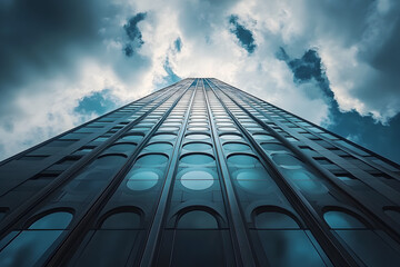 Poster -  a tall skyscraper against a cloudy sky with circular patterns