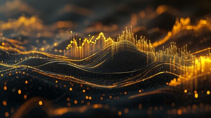 Poster - A detailed shot of a 3D line graph illustrating stock market performance, with golden lines and data points creating a sleek and modern financial visualization.