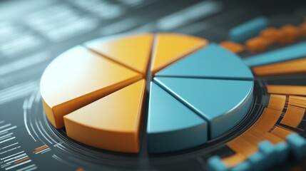 Poster - A detailed shot of a 3D pie chart with segmented sections and labels, displaying data in a visually engaging and three-dimensional format.
