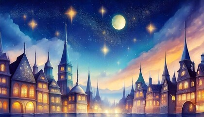 Wall Mural - 精巧なつくり、星空、ファンタジー風景、輝く窓、夢のようなシーン、水彩画風、夜空、幻想的な風景、カラフルな町並み、魔法のような風景