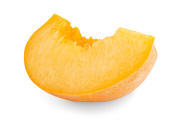 Wall Mural - Peach wedge isolated. One peach or nectarine fruit piece on white background.