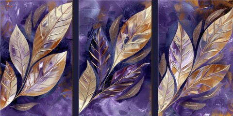 Set of 3 wall art panels with abstract leaf prints in vibrant olive, soft cream, and dark navy, on twilight purple background, painting, close up, split into three on white background 