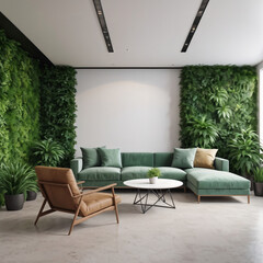 Poster - Interior of modern living room with green walls, concrete floor, comfortable green sofa and round coffee table. 