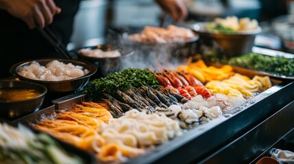 A detailed shot of a shabu-shabu meal with a variety of ingredients like seafood, vegetables, and noodles, neatly arranged around the bubbling hot pot.